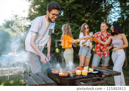 ?ompany of people having bbq party on in summer park. Lifestyle, holidays, weekend, leisure concept. 115882611