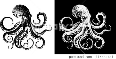 Octopus Cthulhu Tattoo Woodcut Kraken Mascot Squid 115882781