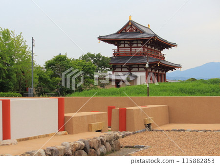 The restored Suzaku Gate and the remains of the Ministry of Military Affairs at the Heijo Palace ruins, a World Heritage Site 115882853