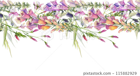 Hand drawn watercolor illustration botanical flowers leaves. Willow eucalyptus branch, foxglove snapdragon lupin, pink lobelia jasmine. Seamless banner isolated on white. Design wedding, love cards 115882929