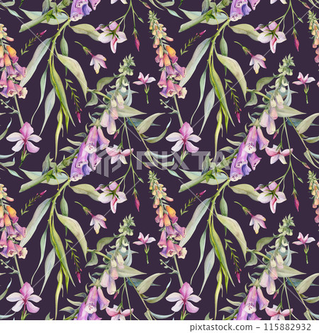 Hand drawn watercolor illustration boho botanical flowers leaves. Foxglove snapdragon lupin, willow eucalyptus, pink lobelia jasmine. Seamless pattern isolated on dark. Design wedding, love cards Hand drawn watercolor illustration boho botanical flowers leaves. Foxglove snapdragon lupin, willow eucalyptus, pink lobelia jasmine. Seamless pattern isolated on dark. Design wedding, love cards 115882932