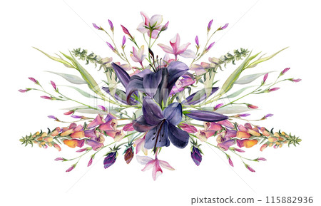Hand drawn watercolor illustration botanical flowers leaves. Lily clivia amaryllis, foxglove snapdragon lupin, pink lobelia jasmine, willow eucalyptus. Bouquet isolated white. Design wedding, cards Hand drawn watercolor illustration botanical flowers leaves. Lily clivia amaryllis, foxglove snapdragon lupin, pink lobelia jasmine, willow eucalyptus. Bouquet isolated white. Design wedding, cards 115882936