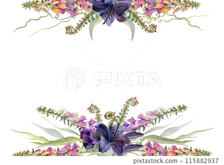 Hand drawn watercolor illustration botanical flowers leaves. Lily clivia amaryllis, foxglove snapdragon lupin, forest fern shoot, tendrils, willow eucalyptus. Frame isolated on white. Wedding, cards 115882937