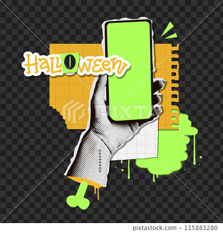 Holiday banner for Halloween in halftone collage style. Torn out paper zombie hand holds phone. Ad banner for discount offer for Halloween sale events with halftone items and lettering. Vector Holiday banner for Halloween in halftone collage style. Torn out paper zombie hand holds phone. Ad banner for discount offer for Halloween sale events with halftone items and lettering. Vector 115883280