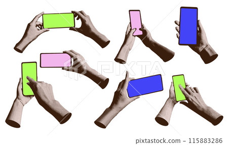 Set of halftone hands holding phones. Hand with smartphone with blank display. Collection of paper collage elements. Vector illustration 115883286