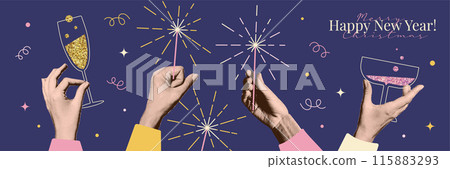 Halftone collage for 2025 New year celebration. Concept of party with champagne and sparklers. Paper hands with retro photographic effect. Vector illustration for greeting card, invitation, banner Halftone collage for 2025 New year celebration. Concept of party with champagne and sparklers. Paper hands with retro photographic effect. Vector illustration for greeting card, invitation, banner 115883293