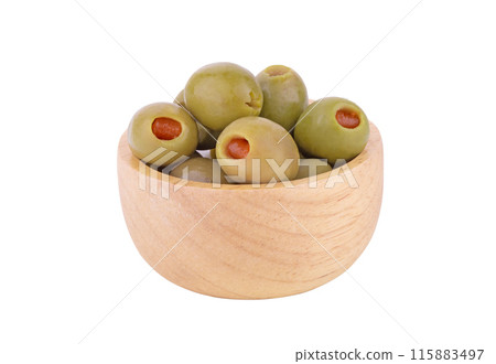Olives in Wooden Bowl isolated on white background Olives in Wooden Bowl isolated on white background 115883497