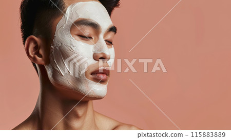 Man with clay face mask, eyes closed, soft pastel background, promoting relaxation and skincare Man with clay face mask, eyes closed, soft pastel background, promoting relaxation and skincare 115883889