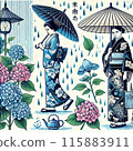 穿著和服的女人拿著雨傘和繡球花的插圖 115883911
