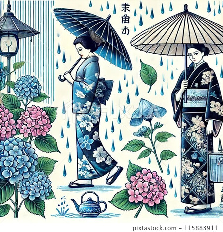 穿著和服的女人拿著雨傘和繡球花的插圖 115883911