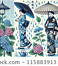 雨季穿著日本和服和繡球花的女人 115883913