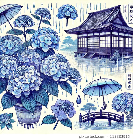 包括與雨季相關的繡球花的插圖 包括與雨季相關的繡球花的插圖 115883915