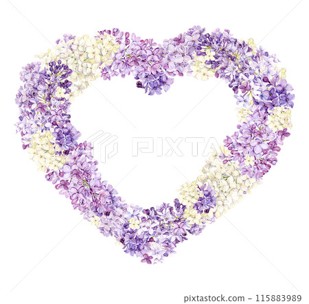 Romantic heart-shaped wreath made of lilac. Frame with place for text from spring flowers. Greeting card template for Mother's Day, Valentine's Day, wedding. Card to express feelings of love. 115883989