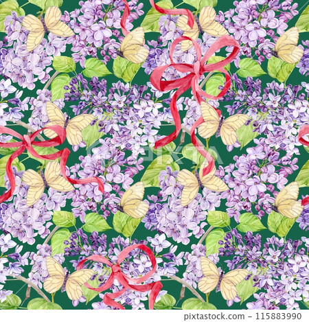 Seamless background with white and purple lilacs wrapped in pink silk ribbons. Watercolor spring flowers in botanical style. Hand drawing for printing on fabric, wrapping paper. 115883990