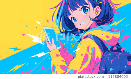 在智慧型手機 AI 上聽音樂的女孩 在智慧型手機 AI 上聽音樂的女孩 115884003