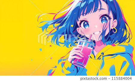 Anime-style girl holding a drink AI 115884004