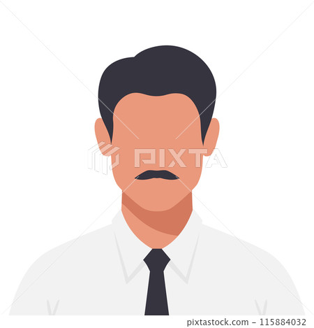 Abstract faceless young man with mustache in shirt and tie. Office worker or student male avatar. Vector illustration Abstract faceless young man with mustache in shirt and tie. Office worker or student male avatar. Vector illustration 115884032