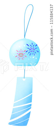 Illustration of a blue wind chime with a picture of fireworks 115884137