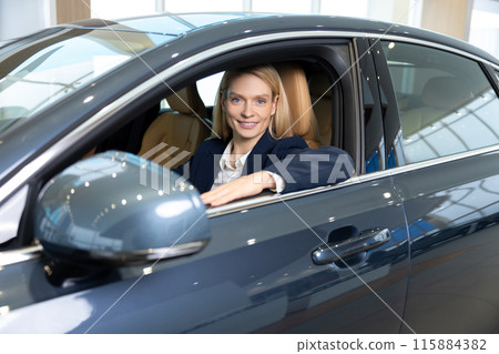 Pretty business woman sitting in a car and looking contented 115884382