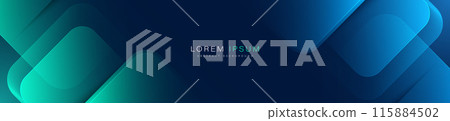 Abstract blue horizontal banner background with glowing blue and green geometric square shapes. Modern graphic design. Suit for header, cover, presentation, business, corporate, website 115884502