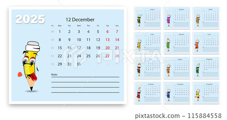 A calendar with funny cartoon characters of humanized pencils. Vector template with notes. 115884558