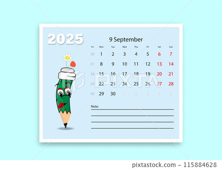 A school calendar with funny cartoon characters from stationery. Vector lesson schedule template. 115884628