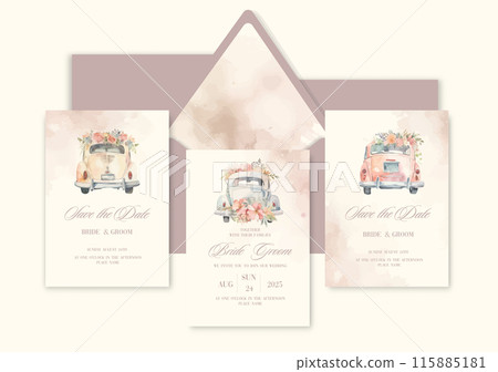 Luxury wedding invitation card background with watercolor just married car. Luxury wedding invitation card background with watercolor just married car. 115885181