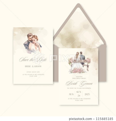 Luxury wedding invitation card background with watercolor newlyweds. 115885185