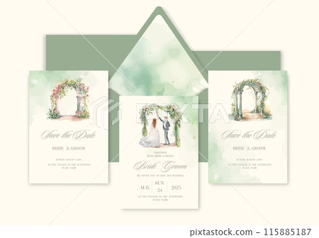 Luxury wedding invitation card background with watercolor wedding ceremony arch with newlyweds. 115885187