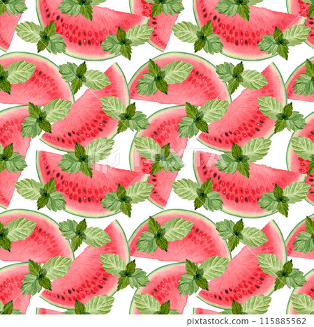 Watermelon juicy slices with mint leafs. Watercolor seamless pattern isolated on white, hand drawn for food design. Packages, textile, wrapping paper, summer refreshments, drinks, kitchen decor 115885562