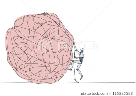 Continuous one line drawing smart robot climbs heavy mess circle with the rope. Trying to lay anxiety at the feet. For clarity of thought. Smart work hard. Single line draw design vector illustration 115885598