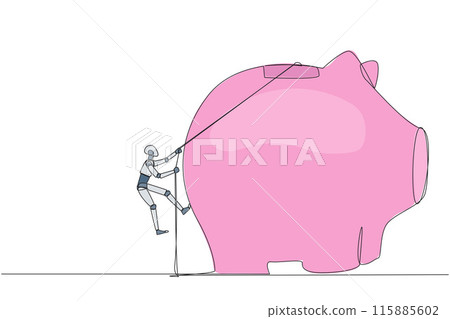 Single continuous line drawing smart robot climbing piggy bank with the rope. Entrepreneur working hard to make investments preparing for retirement. Smart worker. One line design vector illustration Single continuous line drawing smart robot climbing piggy bank with the rope. Entrepreneur working hard to make investments preparing for retirement. Smart worker. One line design vector illustration 115885602