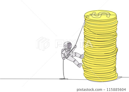Continuous one line drawing astronaut climbs stack of coins with rope. The entrepreneur trying hard climbing the rope to reach top of coins. Better future. Single line draw design vector illustration 115885604