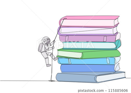 Single continuous line drawing young astronaut climbing a pile of books with a rope. Try hard to gain new knowledge for the smooth running of business. Great work. One line design vector illustration Single continuous line drawing young astronaut climbing a pile of books with a rope. Try hard to gain new knowledge for the smooth running of business. Great work. One line design vector illustration 115885606