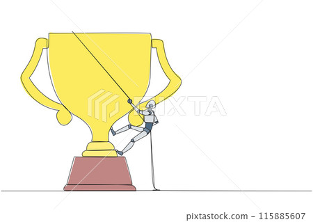 Single one line drawing smart robot climbing the trophy with the rope. Expanding branding by winning many awards. Connecting relationships. Mutual benefit. Continuous line design graphic illustration Single one line drawing smart robot climbing the trophy with the rope. Expanding branding by winning many awards. Connecting relationships. Mutual benefit. Continuous line design graphic illustration 115885607