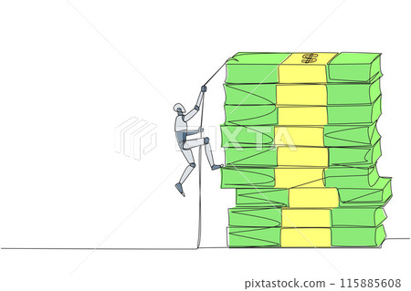 Single one line drawing smart robot climbs stack of banknotes with rope. The hard worker to raise capital to create a new business. For better future life. Continuous line design graphic illustration Single one line drawing smart robot climbs stack of banknotes with rope. The hard worker to raise capital to create a new business. For better future life. Continuous line design graphic illustration 115885608