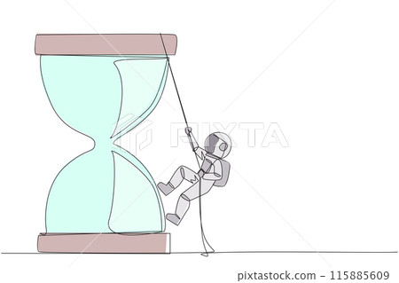 Single continuous line drawing young astronaut climbs hourglass with rope. The countdown is set. Deadline is coming soon. Time management must be good. Work smart. One line design vector illustration Single continuous line drawing young astronaut climbs hourglass with rope. The countdown is set. Deadline is coming soon. Time management must be good. Work smart. One line design vector illustration 115885609