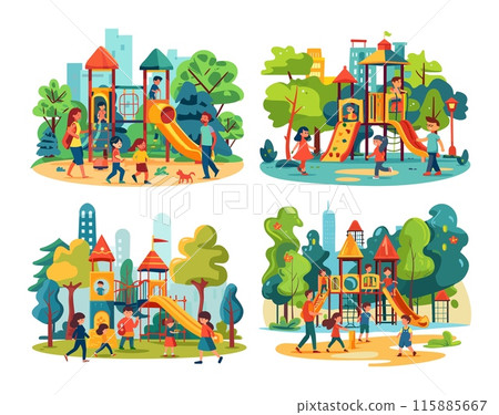 Park kids playground cartoon vector scenes. Childrens girls boys trees grass flowers mom dad city playing walking characters outdoor square recreation, isolated illustration on white background 115885667