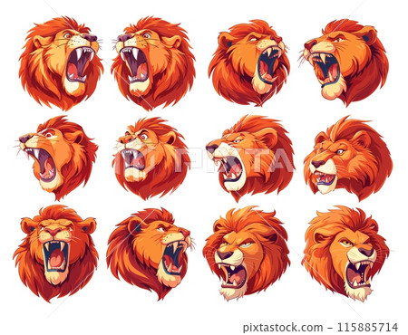 Lion avatars cartoon vector set. Cat grin rage fangs mane beasts king wild heads predator, illustration isolated on white background 115885714