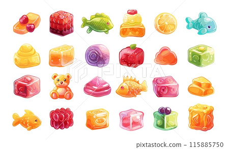 Jelly candies cartoon vector set. Fish bear cube lemon chewy gummy children s sweets, illustration isolated on white background 115885750