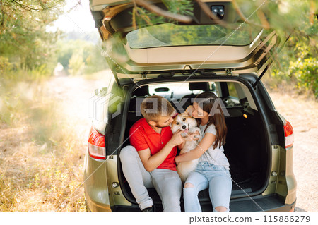 Happy couple is petting their beloved corgi dog. Concept of lifestyle, vacation, travel, family. 115886279