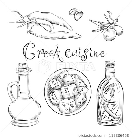 drawing lines. art line food Greek cuisine. Vector minimalistic design 115886468