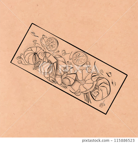 drawing lines. line art food - rectangular plate with seafood on craft paper. Vector minimalistic drawing lines. line art food - rectangular plate with seafood on craft paper. Vector minimalistic 115886523