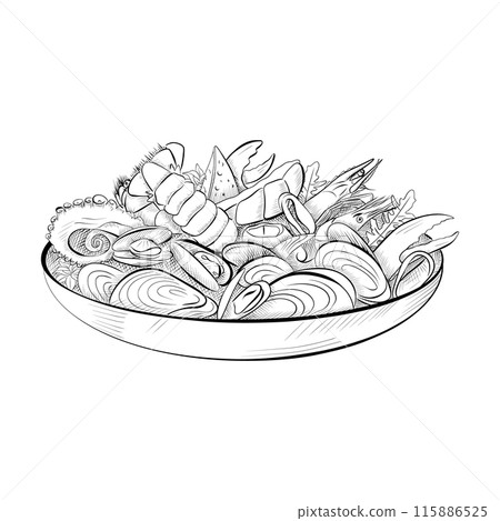 drawing lines. line art food - round plate with seafood. Vector minimalistic 115886525