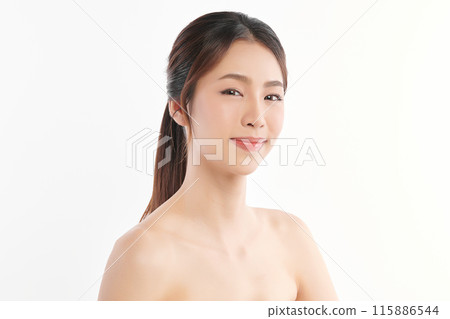Beautiful young asian woman with clean fresh skin on white background, Face care, Facial treatment, Cosmetology, beauty and spa, Asian women portrait. Beautiful young asian woman with clean fresh skin on white background, Face care, Facial treatment, Cosmetology, beauty and spa, Asian women portrait. 115886544