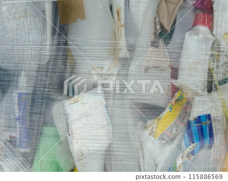 Compressed Mixed Plastic Bottles and Containers Wrapped for Recycling Compressed Mixed Plastic Bottles and Containers Wrapped for Recycling 115886569