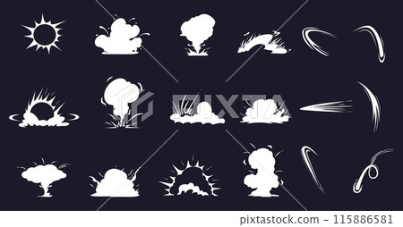 Explosion cartoon comic effects. White clouds of fog, smoke. Flash of energetic blow, bomb dynamite explosions, game elements nowaday vector clipart Explosion cartoon comic effects. White clouds of fog, smoke. Flash of energetic blow, bomb dynamite explosions, game elements nowaday vector clipart 115886581
