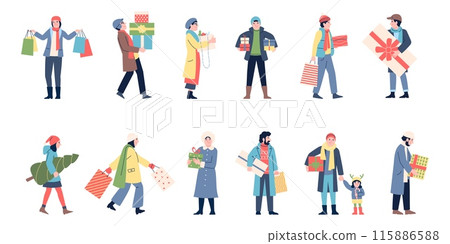 Christmas shopping characters. People hold gift boxes and bags, holiday time. New year sale and discount. Flat happy men women recent vector set 115886588