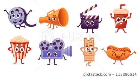 Cinema cartoon characters. Cinematography emotional elements with faces. Pop corn basket hot dog and drink glass, camera and ticket, nowaday vector clipart 115886614