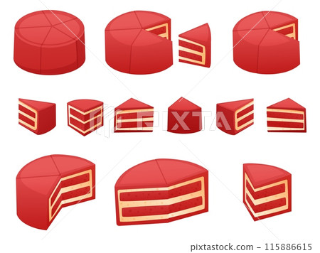 Cake pieces infographics. Sweet dessert piece and full in various view. Infographic elements, half and parts for different business info, nowaday vector set 115886615